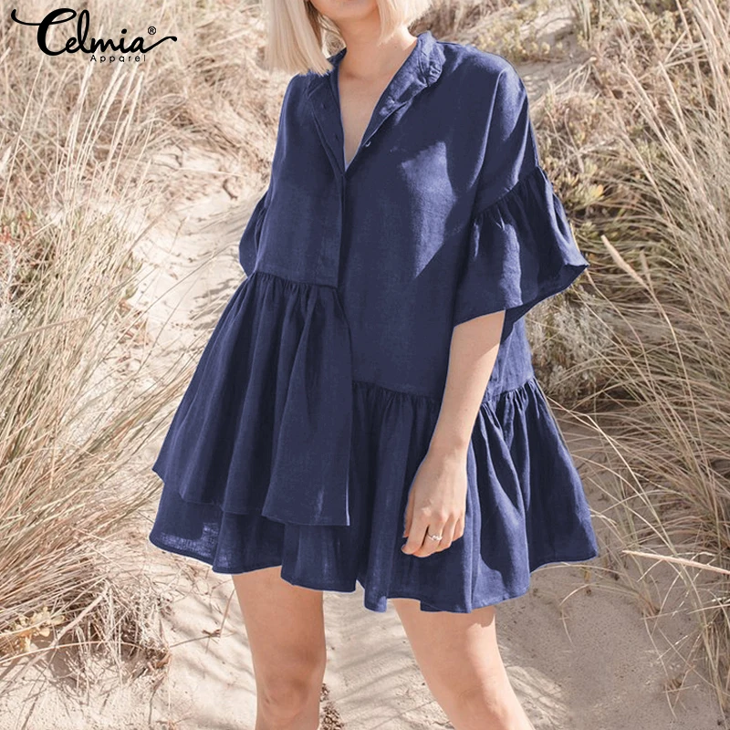 Women Ruffle Casual Mini Dress Plus Size Sexy V-neck Half Sleeve Loose Shirt Celmia 2021 Summer Button Beach Vestidos Robe | Женская