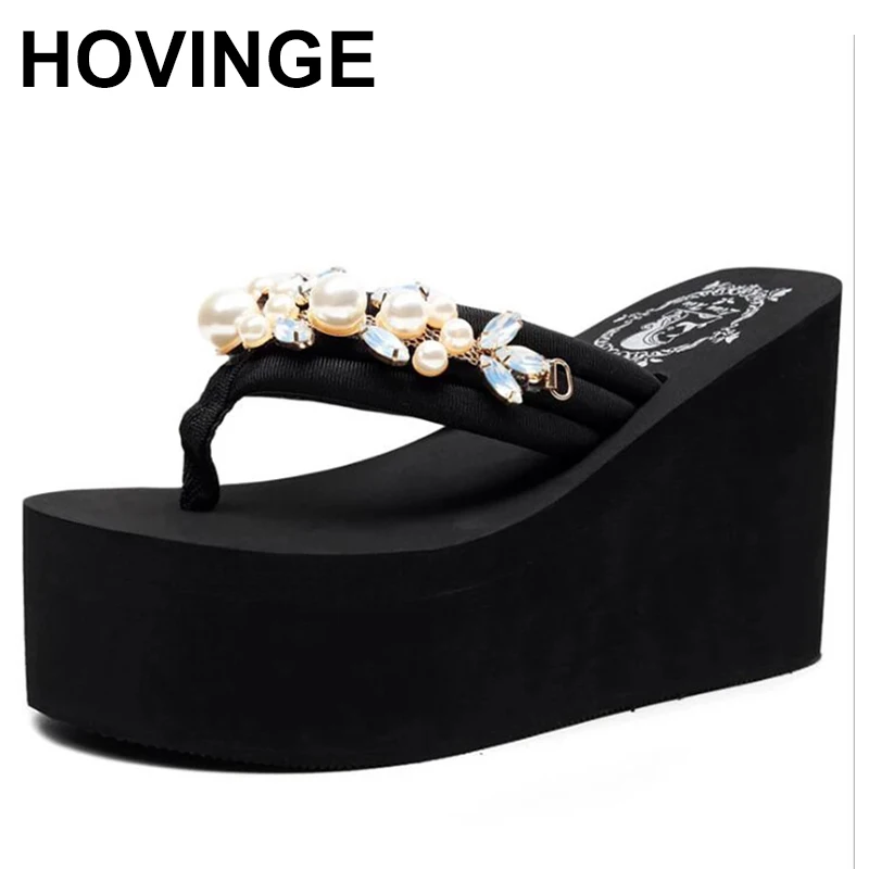 

HOVINGE summer women sandals shiny diamond crystals handmade pearls sandal bohemia slippers wedges platform flip flops women