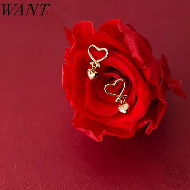 Женские серьги гвоздики WANTME из серебра 100% пробы с полым золотым сердцем