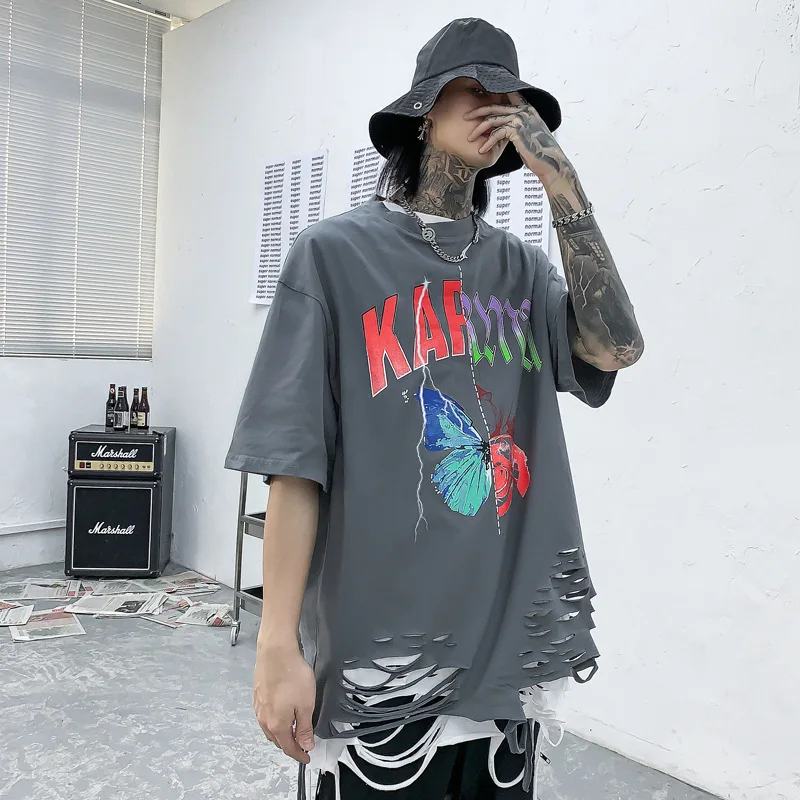 UNCLEDONJM Break off Hem Hole Short-Sleeved T-shirt Men's Summer Beggar Knife Cut Damage Hip Hop Butterfly tops tee RF-C03 | Мужская