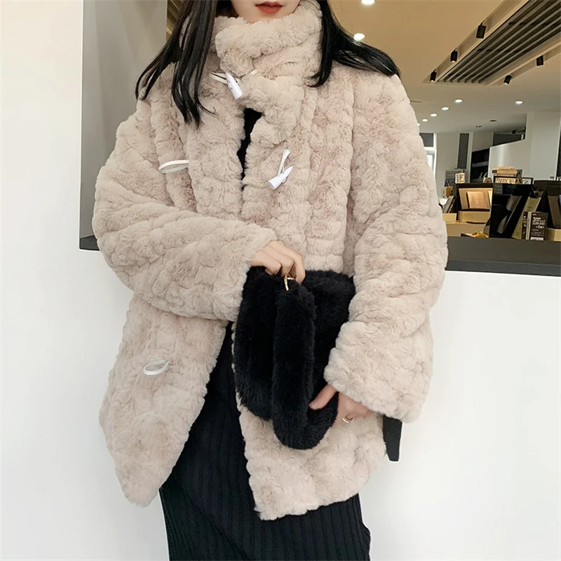 

Women Winter Thick Copy Rabbit Fur Girl Horn buckle Fur Coat Ladies New Fashion Warm Loose Lapel plus Size Soft Plush Coat ZY33