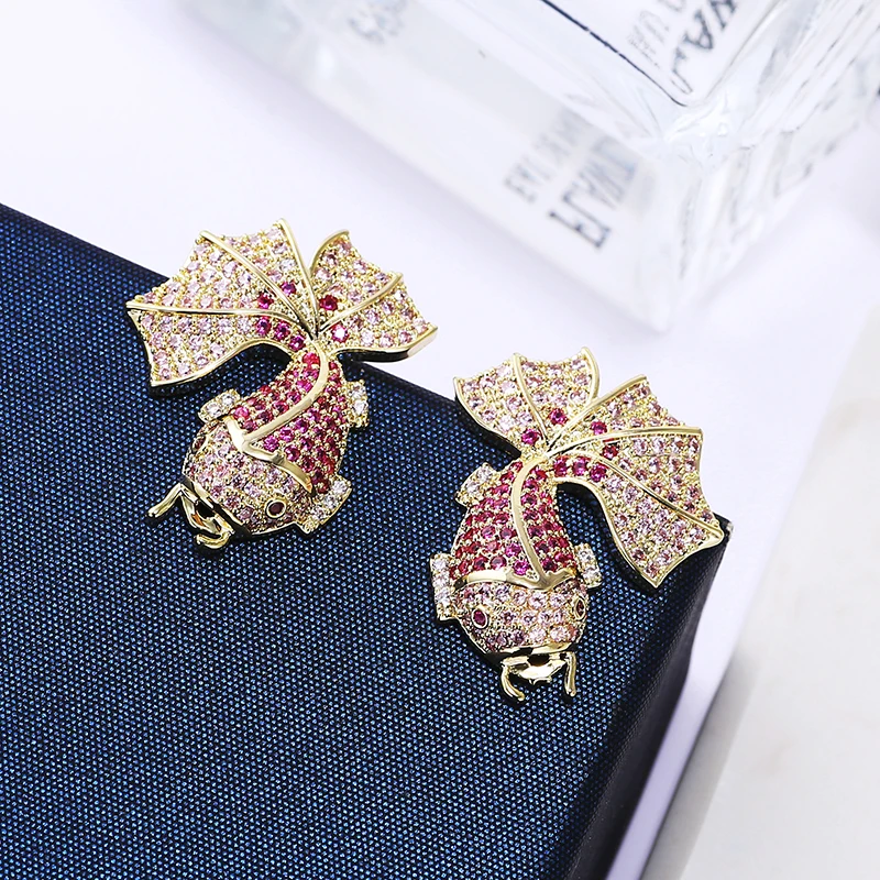 Коллекция сережек XIUMEIYIZU с милыми животными из розового циркония и дизайном в форме карпа, инкрустированных бриллиантами из латуни, модные украшения для свадьбы.