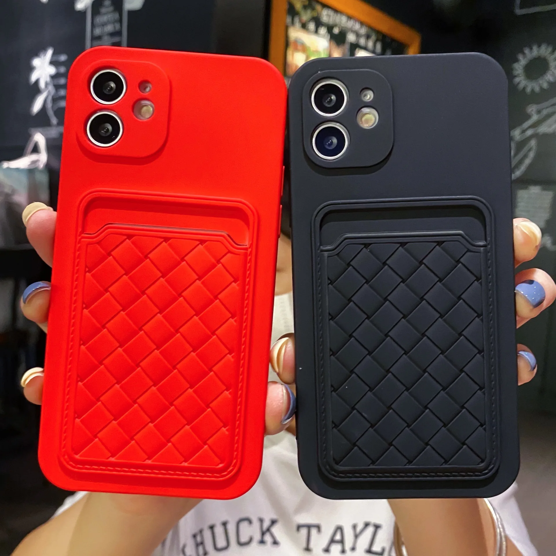 

Liquid Weave Card Holder Silicone Soft Phone Case For iPhone 13 12 11 Pro XS MAX XR X XS 7 8 Plus SE2020 Protective Cover Coque
