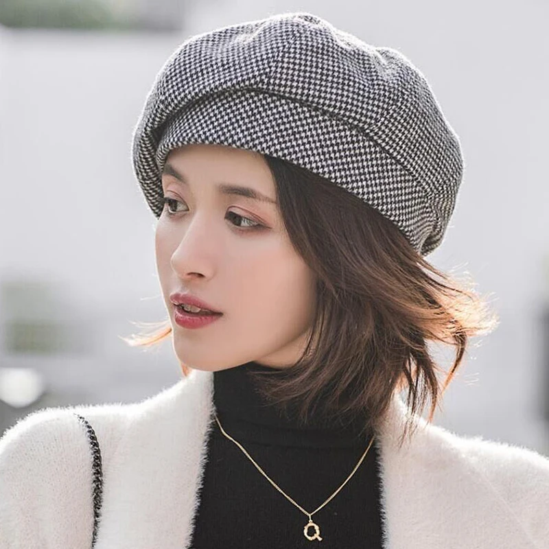 

Vintage Plaid Octagonal Hats Women Girl Berets Trendy Autumn Winter Newsboy Caps Elegant Painter Hat Cotton Warm Ladies Beret