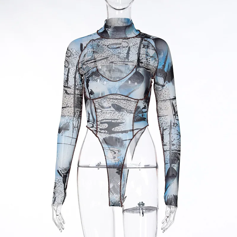 

hirigin Tie Dye Mesh Patchwork Women Long Sleeve Thong Bodysuit High Neck See Through Sheer Bodycon Sexy Streetwear 2021 Summer