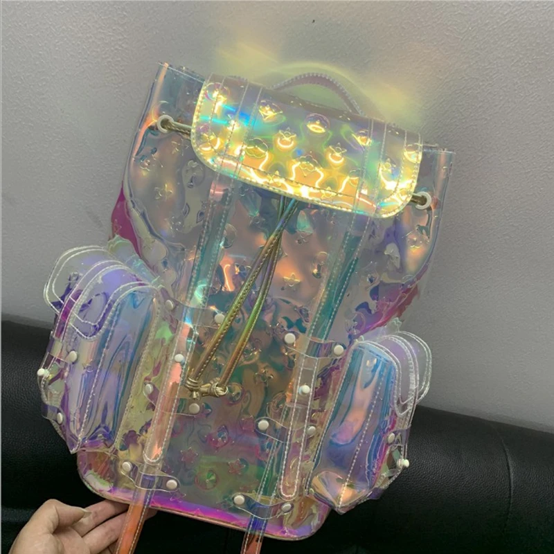 

High Quality INSfamous New Laser Transparent Backpack Travel Large Capacity Jelly Reflective Colorful Backpack Channels Handbags