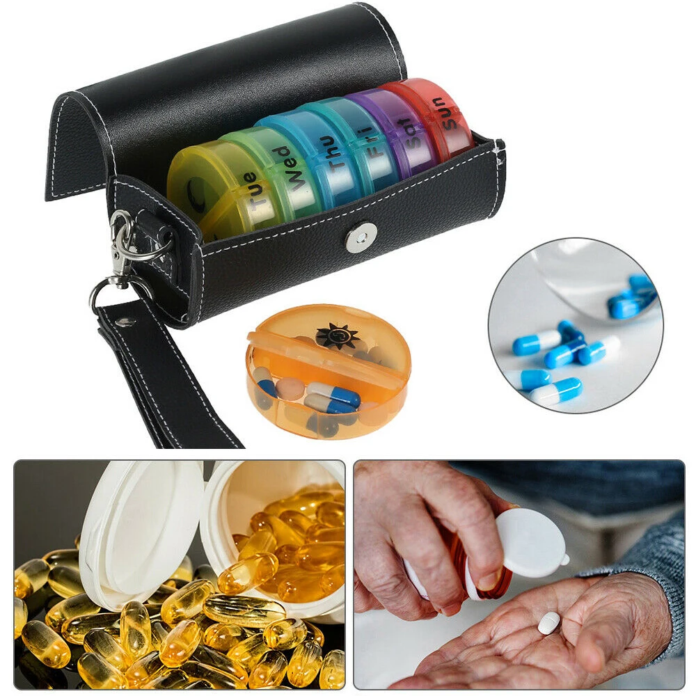 

7 Day Boxes Weekly AM PM Dispenser Holder Organiser+PU Case Storage Container Box Splitters