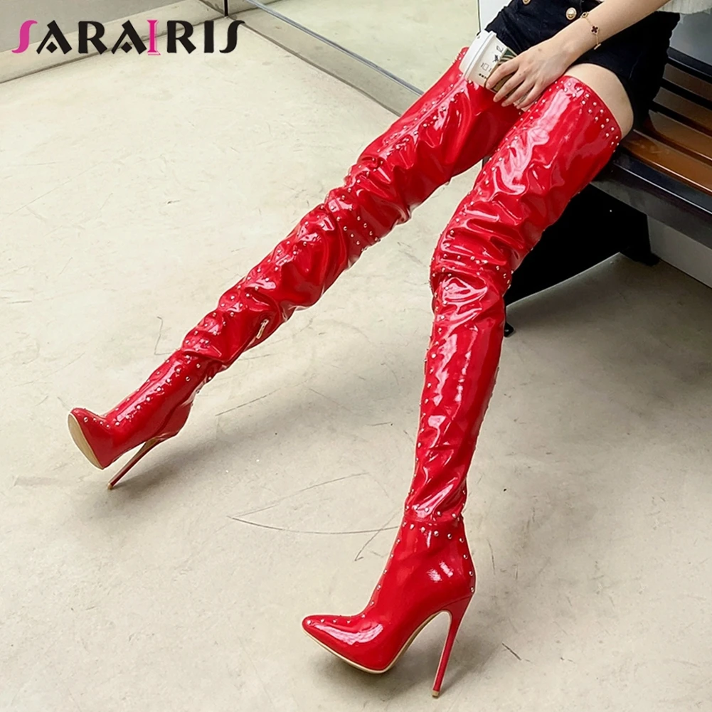 

SARAIRIS Plus Size 33-48 Female Rivet Sexy Boots Over The Knee Boots Women Pointed Toe Thin High Heels Thigh High Shoes Woman