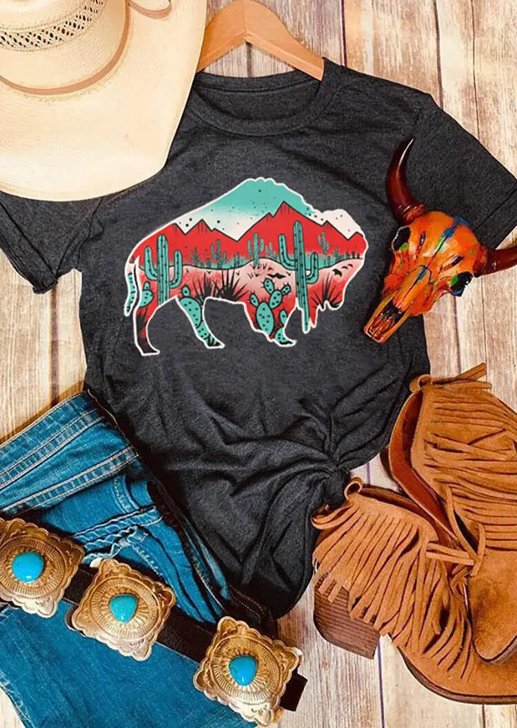 

Carney top cactus print crew neck short sleeve T-shirt