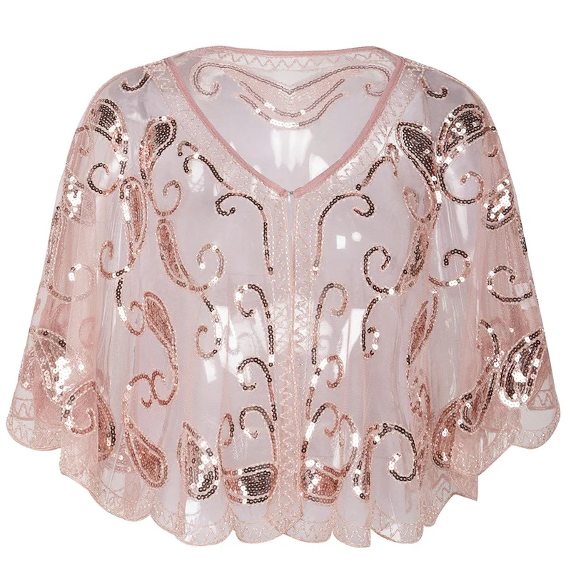 

Винтажная женская розовая шаль 1920s, болеро с пайетками и бисером, накидка, вечерняя накидка, арт-деко, накидка для невесты, свадьбы