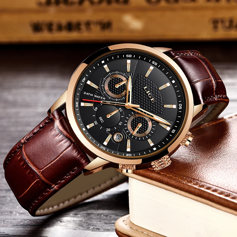 Mens Watches LIGE Fashion Waterproof Chronograph Top Brand Luxury Quartz Watch Men Casual Leather Sport Relogio Masculino | Наручные часы
