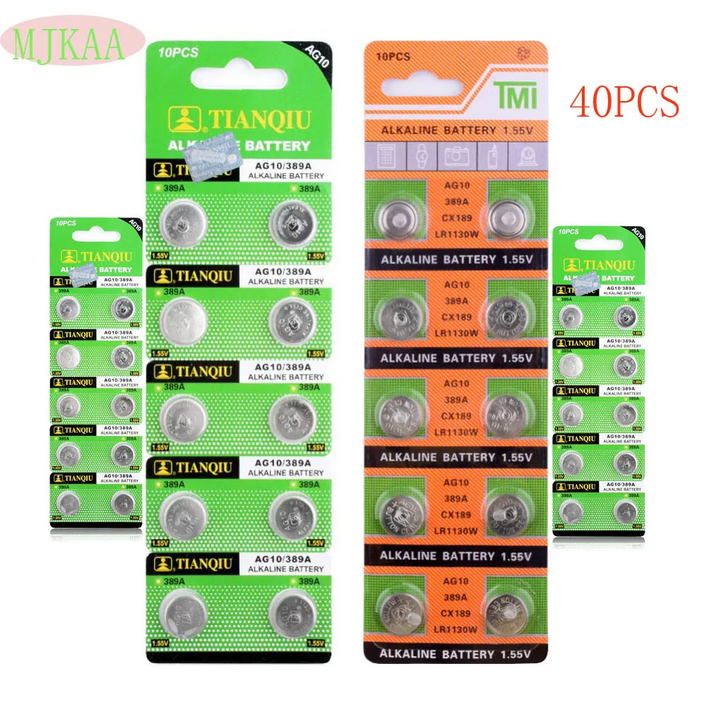 40 шт/LR1130 1130 SR1130 389A AG10 кнопки батареи щелочные LR54 L1131 189 75 MAh 1 5 VBattery часы