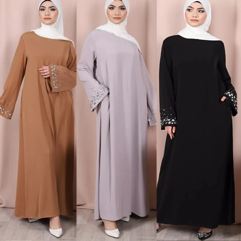 Женское мусульманское платье-макси Abaya, свободное однотонное платье с длинными рукавами, модель Дубай, Турция Caftan, скромное элегантное плат...
