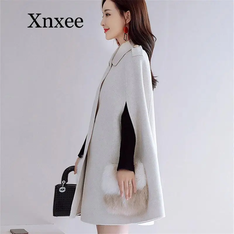 Женское шерстяное пальто-накидка с отложным воротником элегантное пончо и