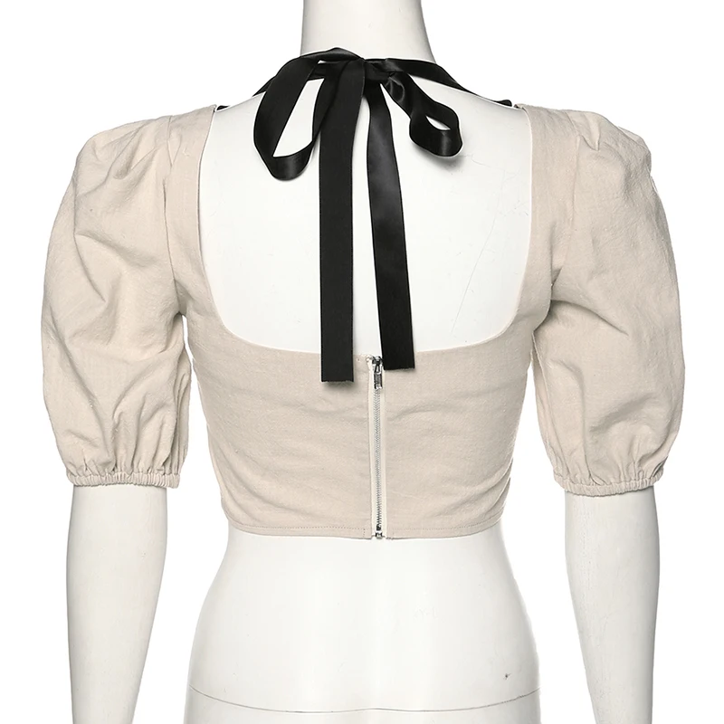 

Ucnye french elegance casual crop tops women bow tie backless t-shirt female summer fashion streetwear tee ladies shirts stylish