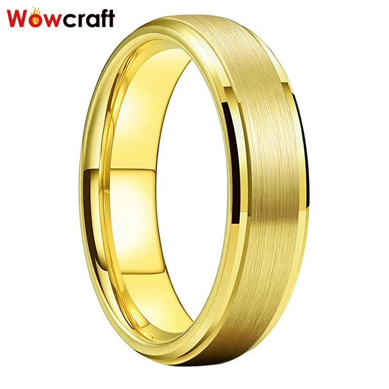 

6mm Gold Tungsten Rings for Men Women Wedding Band Width Beveled Stepped Edges Comfort Fit Free Engrave Inside