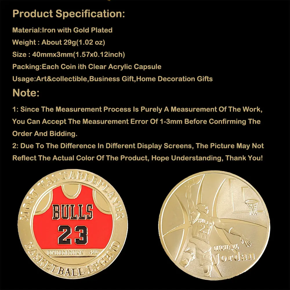 

Gold Plated Michael Jordan 23th Jersey Basketball Legend Bulls Usa Challenger Challenge Coin Collectible Souvenirs Coins Gift