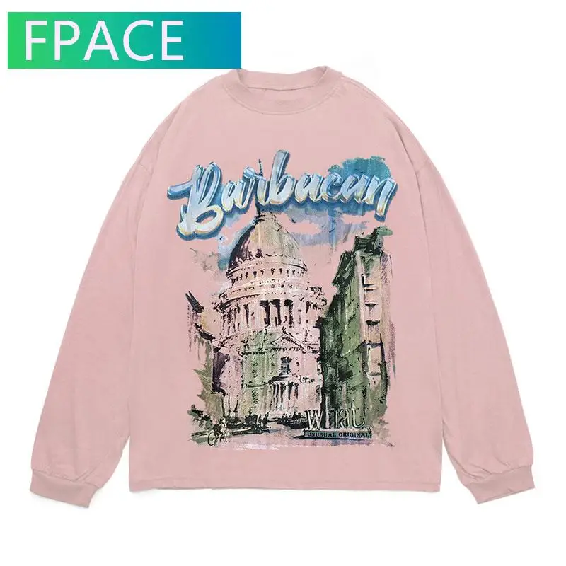 

FPACE Tshirts Harajuku Vintage Landscape Painting Print Tees Shirts Hip Hop Streetwear Mens Fashion Cotton Loose Casual Tops