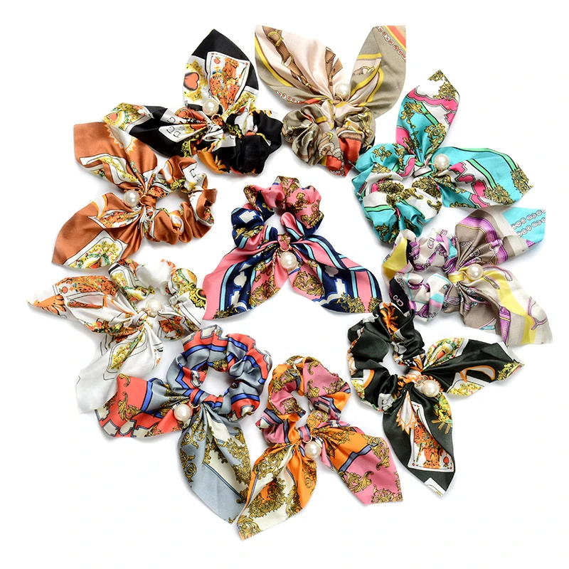

Simulation Pearl Bow Scrunchies Hair Accessories For Women Fashion Elastic Hair Bands Scarf Ribbon Tied Ponytail Holder Headwear