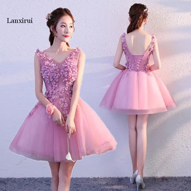 Женское короткое платье с v образным вырезом розового цвета|Женские платья| |