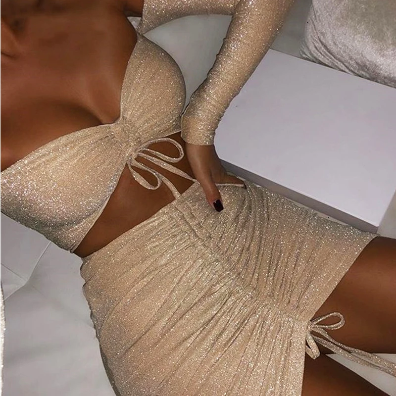 

Women Off Shoulder Shiny Drawstring Lace Up Crop Top Long Sleeve Sexy Party Mini Bodycon Skirt Outfits Ladies