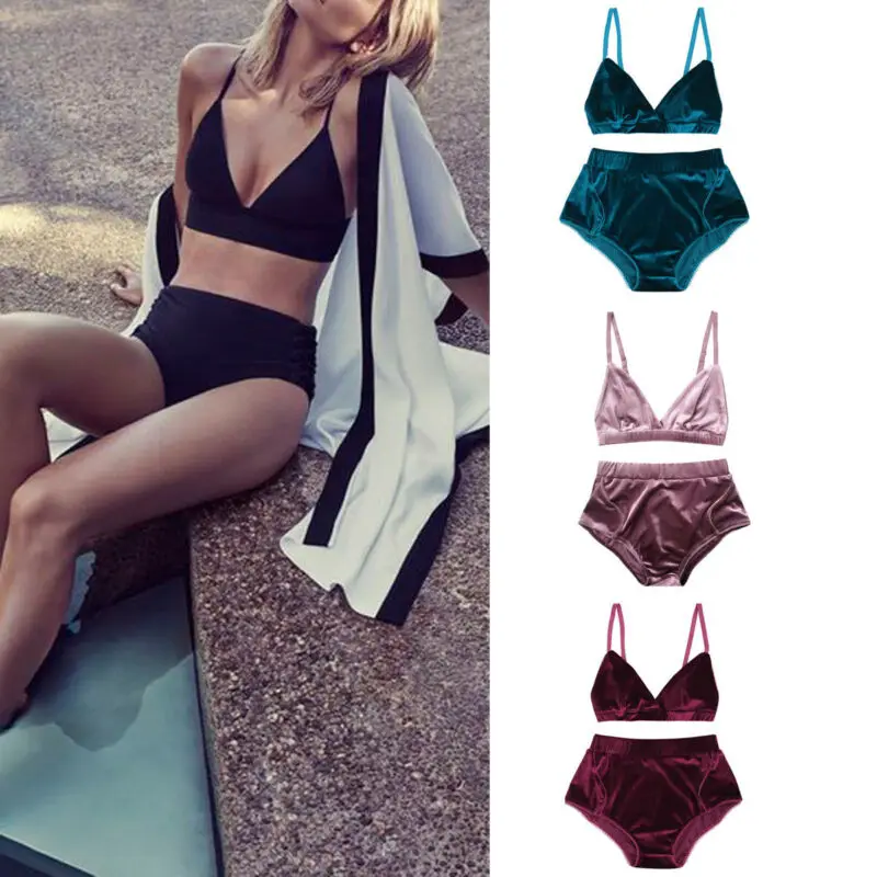 

Sexy Women Velvet Underwear Deep V neck Lingerie Elastic Bandage Padded Push Up Bra High waist Thongs Briefs Sets