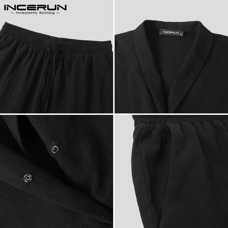 

Mens Sets Long Sleeve V Neck Tops Drawstring Pockets Pants Loose Sets INCERUN Vintage Leisure Solid Color Suits Masculina S-5XL