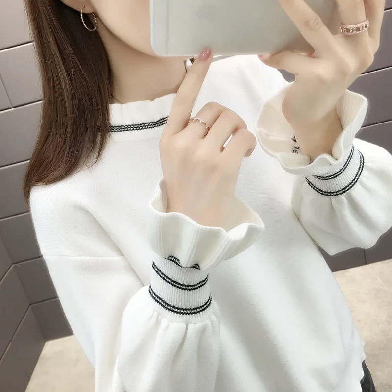 

2021 New Autumn Winter Women's Flare Sleeve Sweater Casual Loose Bottoming Shirt Long Sleeve Turtleneck Striped Jumper Jersey