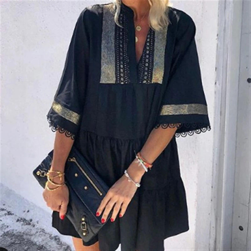 

Women Vintage Floral Print Dress Elegant Lady V-Neck Half Sleeve Dress Autumn Summer Bohemian Loose Tassel Cuffs Dress Vestidos