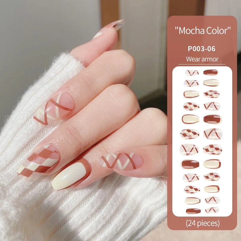 

Pattern Full Cover Press on Nails Warm Color Nail Piece Pattern Design False Nail Line Drip Shaped Pink Flame Line Checkerboard