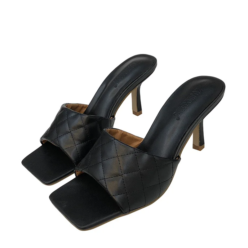 

2020 New Spring Square Toe High Heel Mules Women Padded Leather Open Toe Sexy Party Shoes Fashion Slippers Women