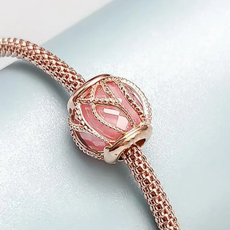 

100% 925 Sterling Silver Bead Rose Gold Hollow Pattern With Crystal Beads Fit Pandora Women Bracelet & Necklace Diy Jewelry