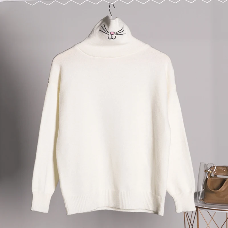 Свитер с воротником под горло милый вязаный свитер вышивкой кролика новинка