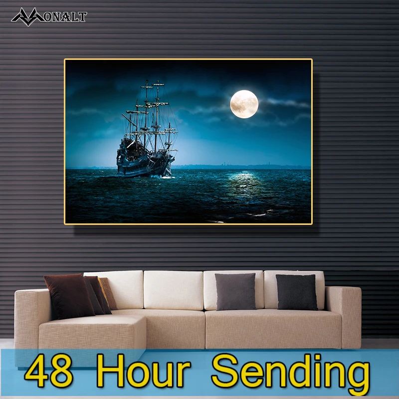 Художественное полотно Луна корабль парусный по морю современное искусство для