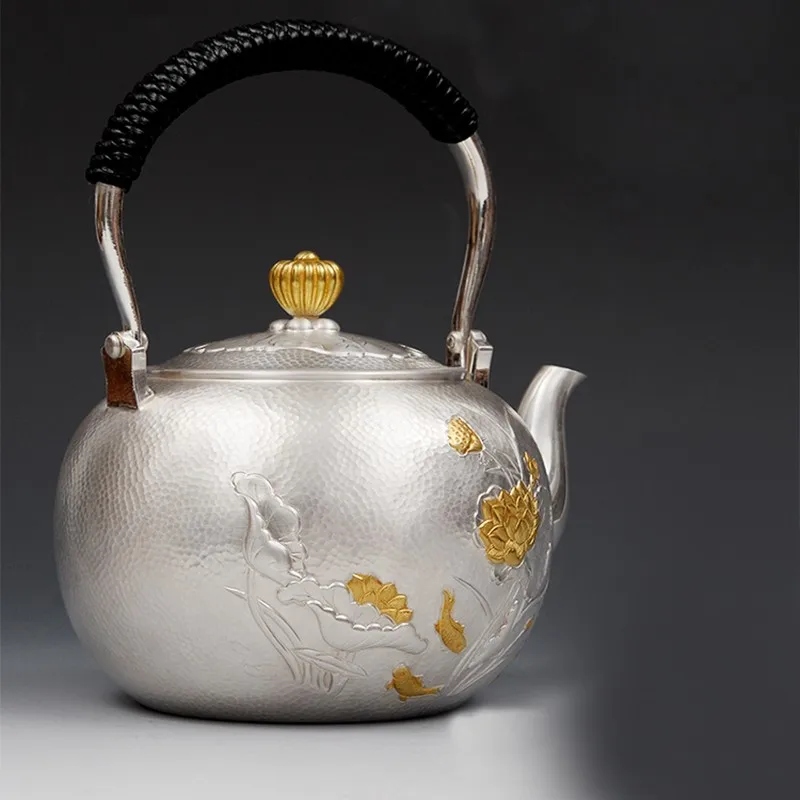 Juego de t&eacute; hecho a mano de plata de ley 999, tetera japonesa retro, tetera para el hogar, oficina, ceremonia del t&eacute;, Kungfu, 1300ml-3