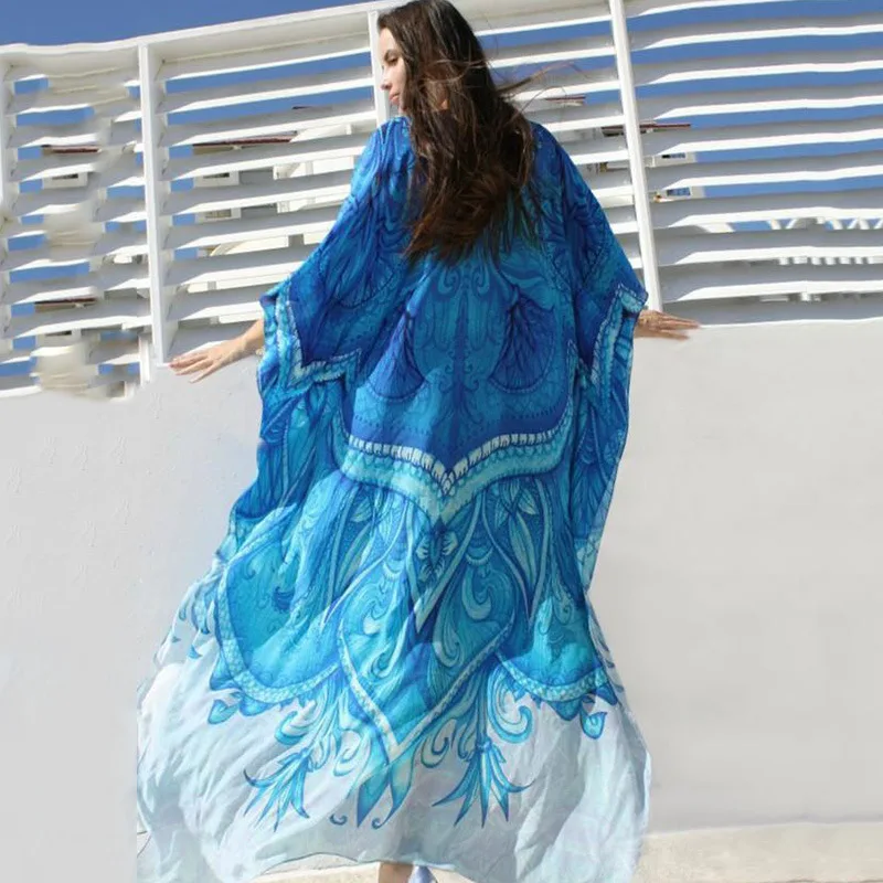 2021 Fashion Positioning Print Flower Swimwear Sky Blue Rayon Oversized Sunscreen Bikini Cover Up Vacation Ladies Long Dress