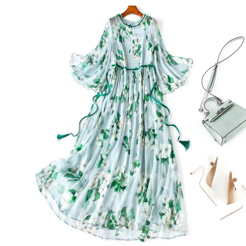 

Silk Summer Dress Silk Print A-line Runway Dress With Lace Casual Fasion Midi Dress