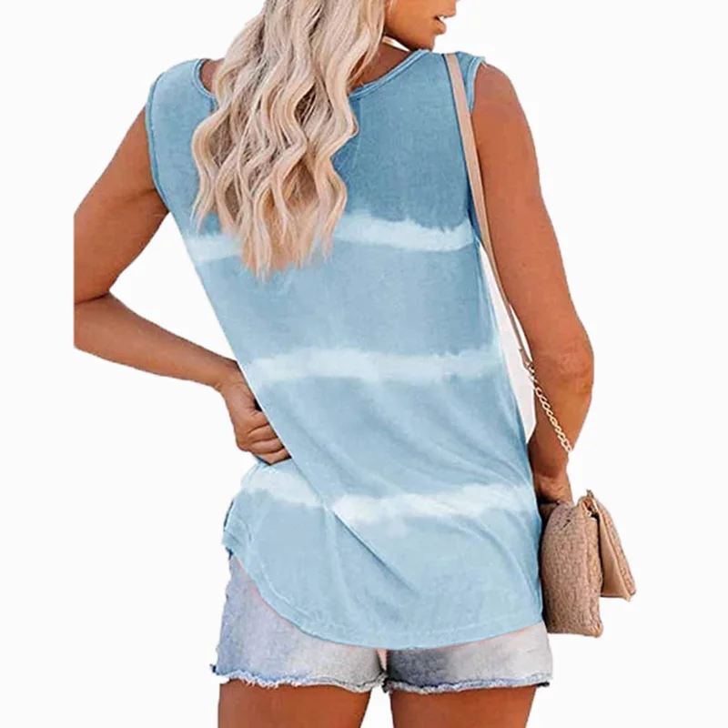 

FORERUN Tie Dye Striped T Shirts Sleeveless Women Summer Tops O Neck Button Plus Size Tee Shirts