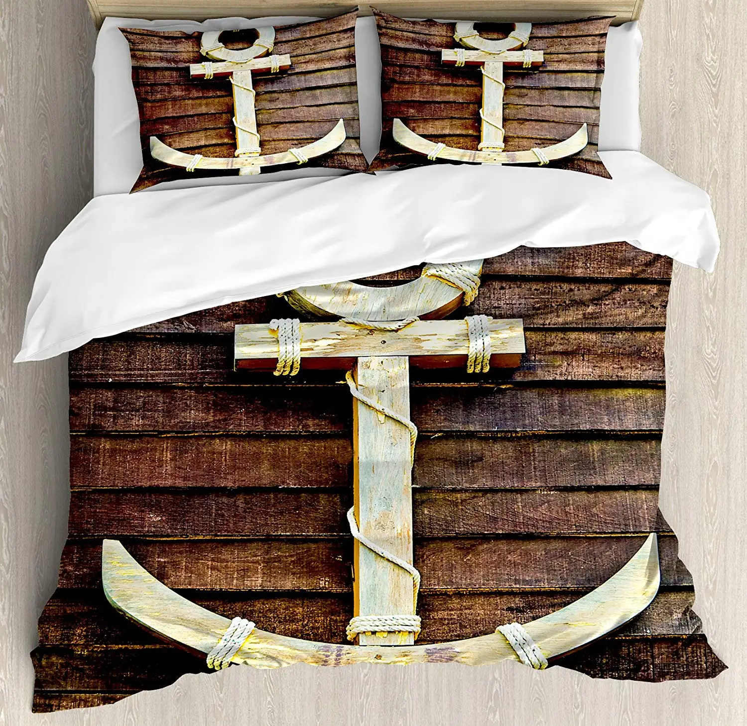 Anchor Duvet Cover Set Old Wooden Nautical Anchor on The Deck Harbor Yacht Craft Navigation Drogue Decorative 3 Piece Bedding