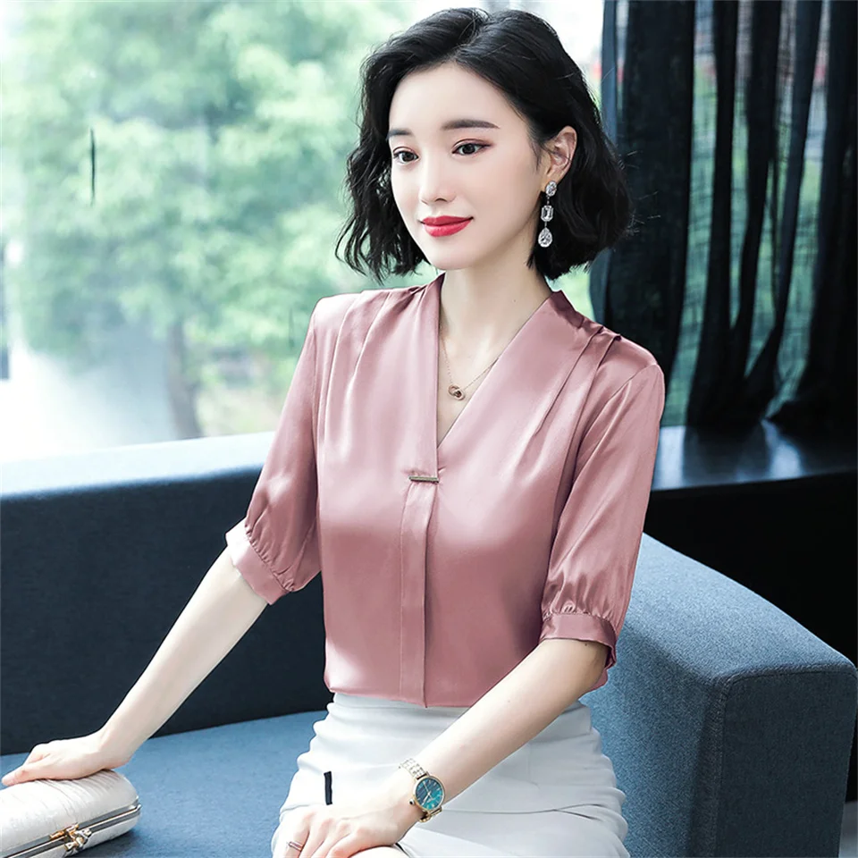 

Summer Loose Silk Women Blouse Fashion Casual Solid Blouses Ladies Short Sleeve Career Shirts Tops Blusas Camisa Mujer