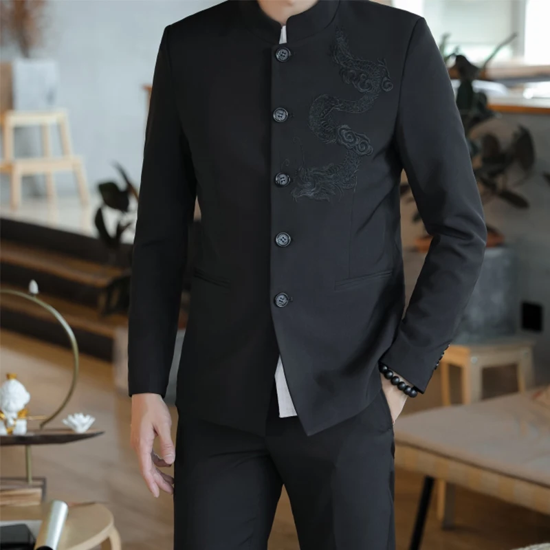 Мужская туника с вышивкой дракона черная китайская воротником мандарина 5XL 2019 |