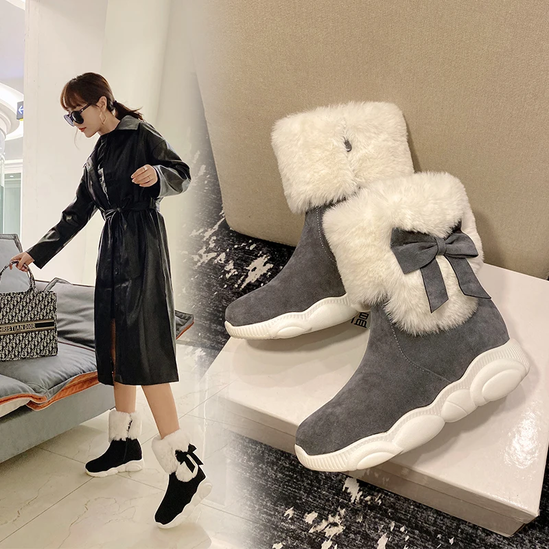 

New Snow Boots sweet bowties Women ShoesThick Fur Wool Winter Boots med heels Platform ankle Boots Female Plus size 34-43