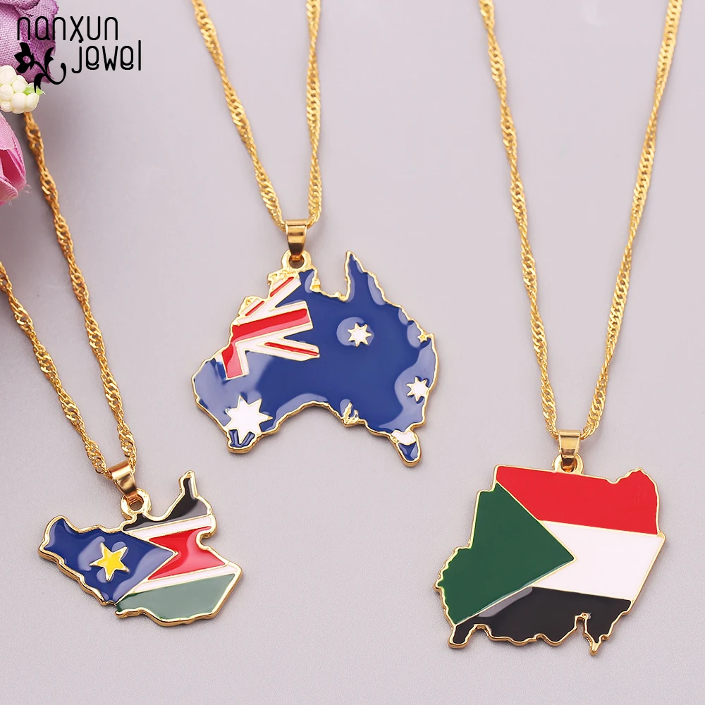 Австралия Южно-суданская карта кулон в форме флага ожерелья золотого цвета