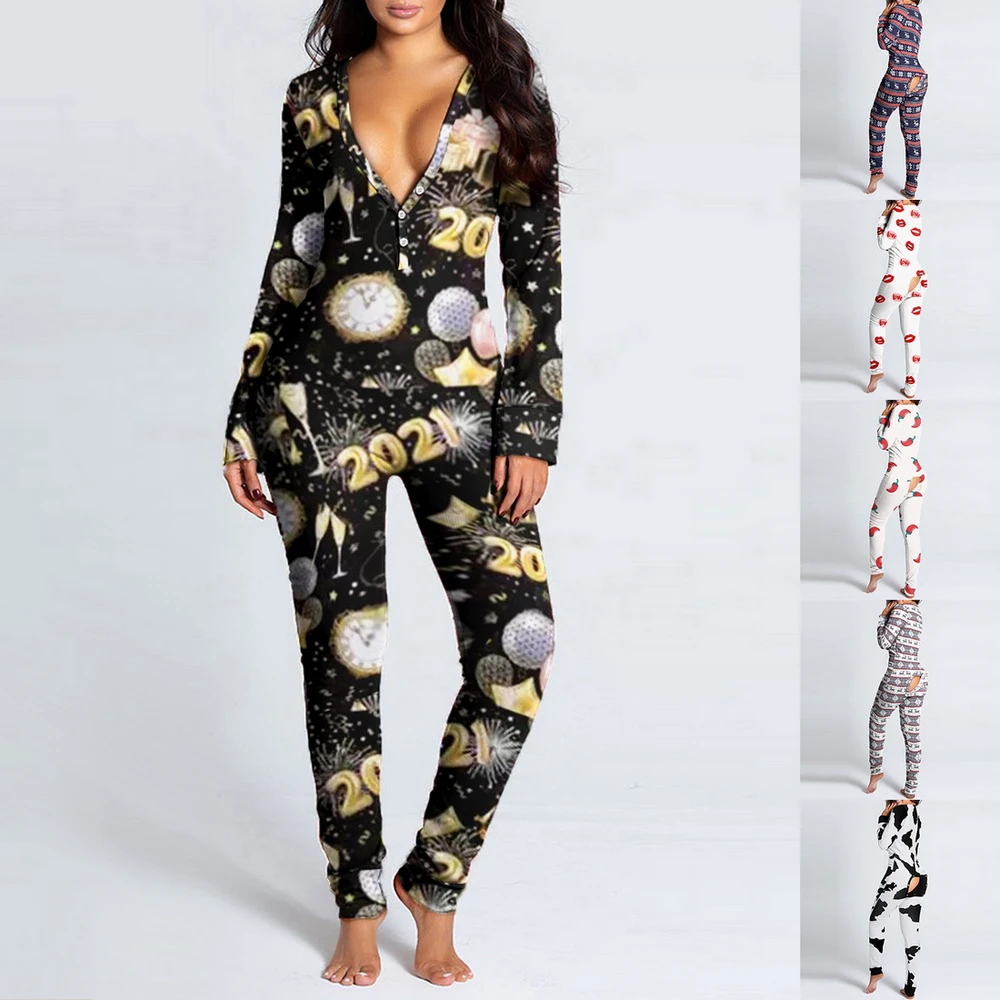 

Sexy Women's Pijamas Onesies Button-down Front V-neck Pajamas Adults Jumpsuit Functional Buttoned Flap Pyjama Femme Sleepwear