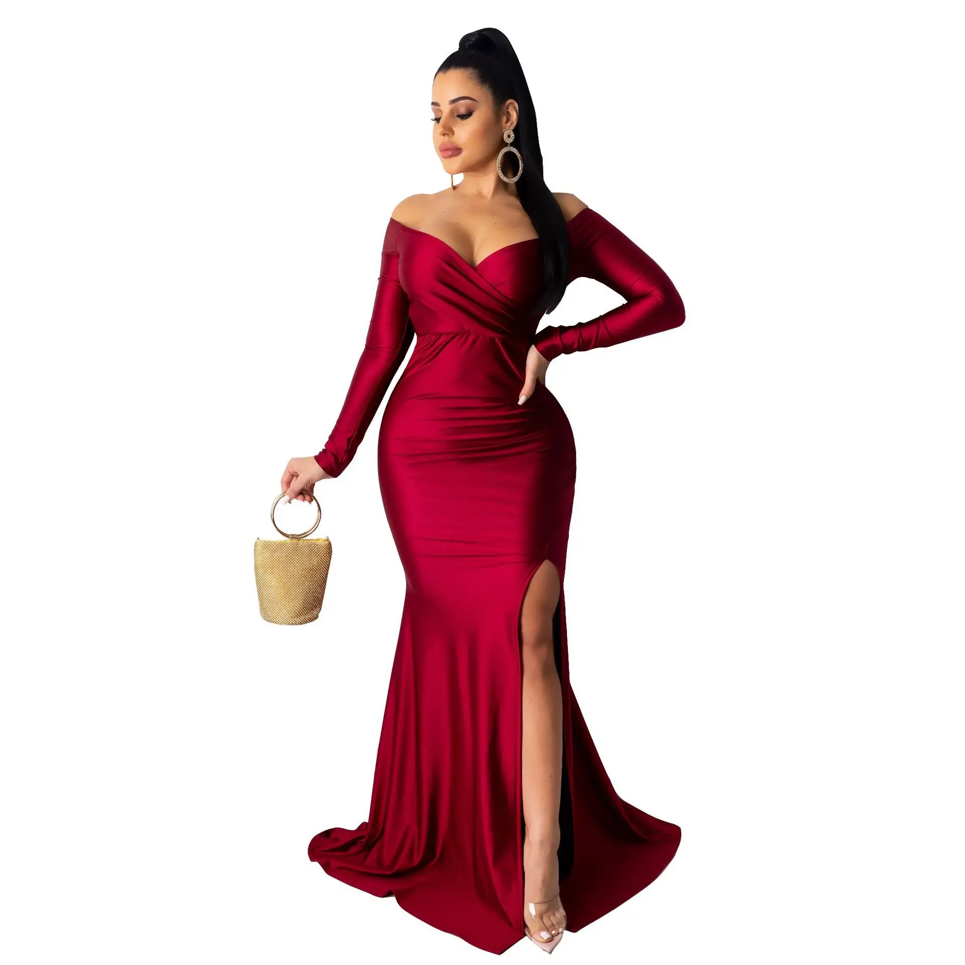 

2021 Sexy Dress Nightclub V-neck Dress Solid Color Big Slit Long Sleeve Dress Slim Big Swing Party Evening Dress Long Skirt