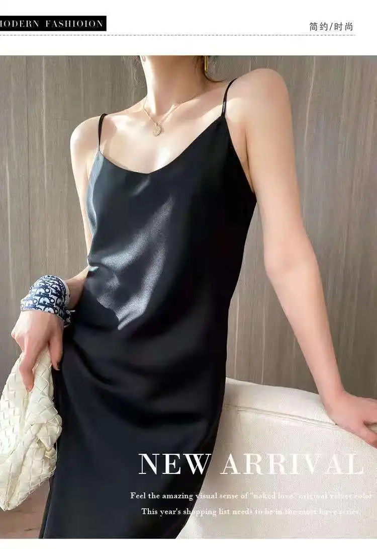 

Elegant Women's Dress Summer Spaghetti Satin Sleeveless V neck Long Dresses Sexy Imitation Silk Very Soft smooth Ladies Dress