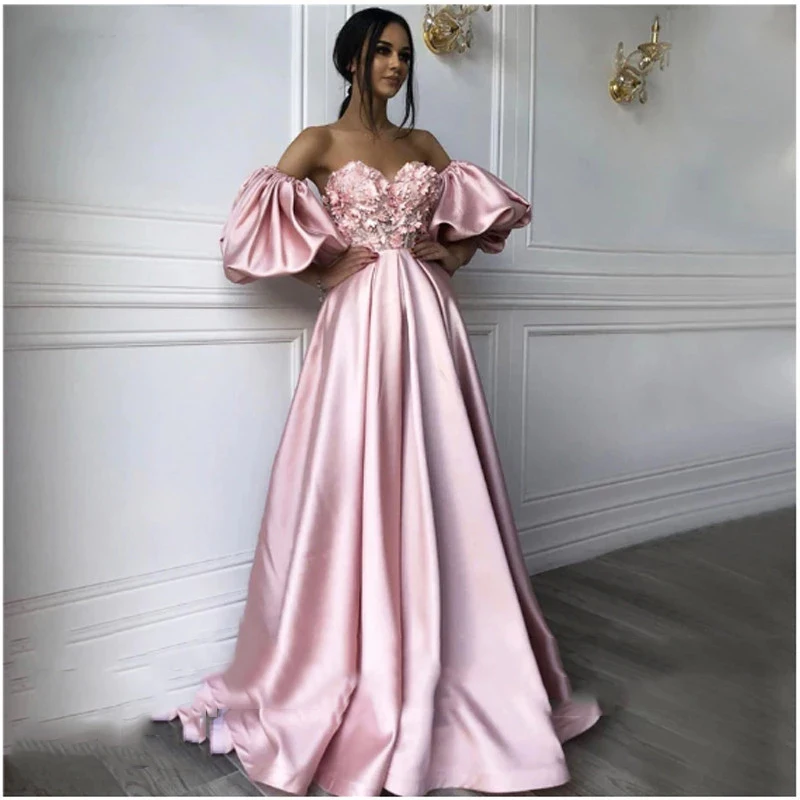 

Vestido Prom Dresses 2021 New Sexy Sweetheart Lace Appliques Pearl Beads Pink Satin Evening Dress Formal Party Gowns