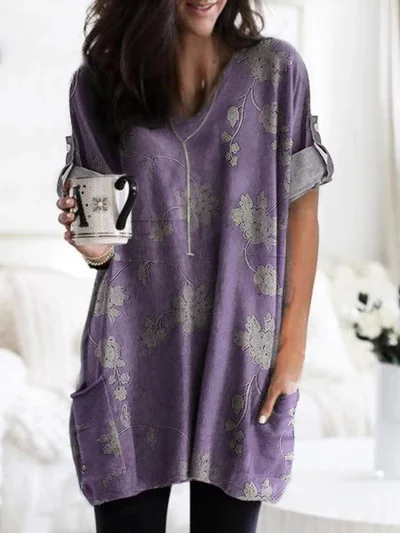 

Autumn 2021 Women Fashion Loose Print With Pocket Long T-Shirt Ladies Casual V-Neck Long Sleeve Plus Size New Cotton Tee Tops
