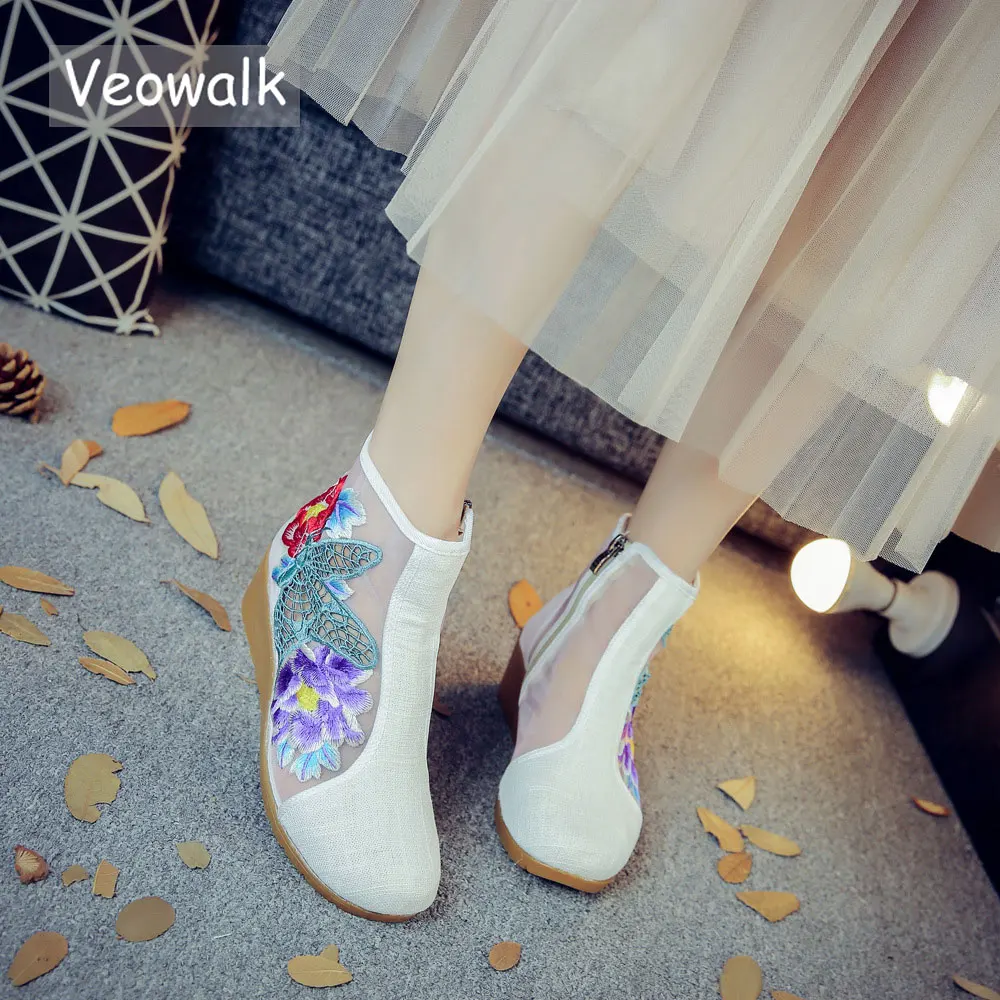 Veowalk женские модные летние короткие ботильоны с цветочной вышивкой ботинки на