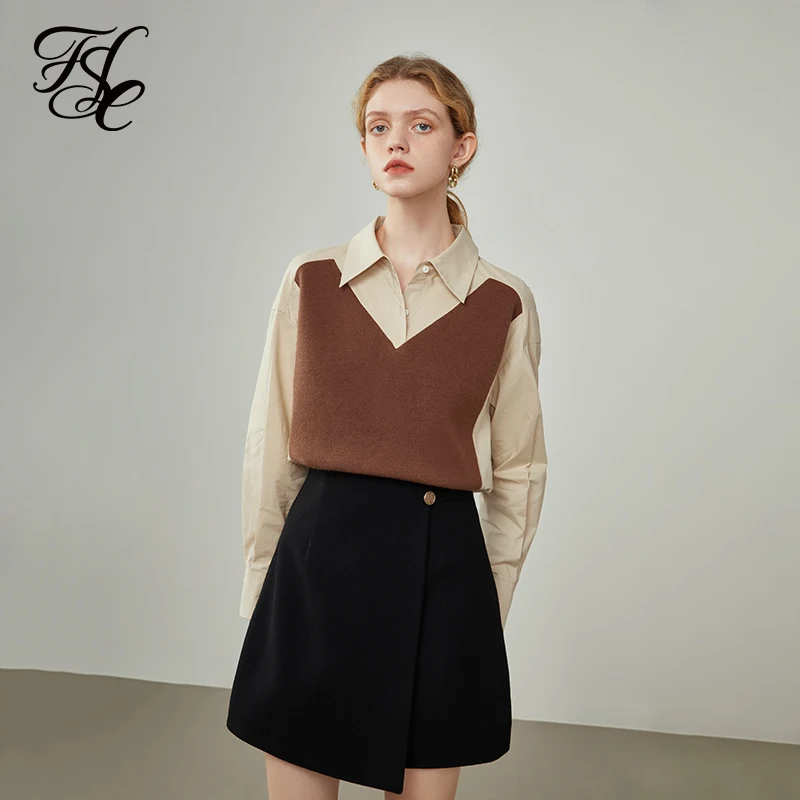 

Женская зимняя рубашка fansilзанен имитацией двух частей, черная, белая рубашка со сращением, женские дизайнерские нишевые рубашки, прямая Пов...